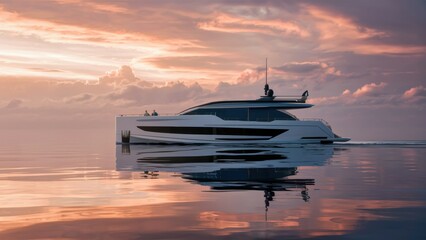 Poster - A boat is floating on the water with a sunset in background, AI