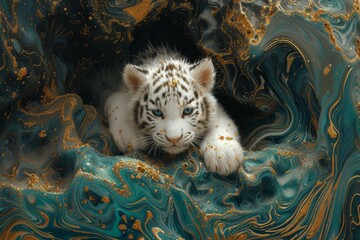 a meticulously crafted portrayal of a looking directly into the camera fantasy of a white tigercat baby siting on a rock the adorned in vibrant teal, 