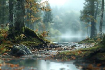 green scandinavian forest, lakes, bushy, wander trails, 