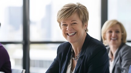 Poster - A woman smiles brightly in a meeting.