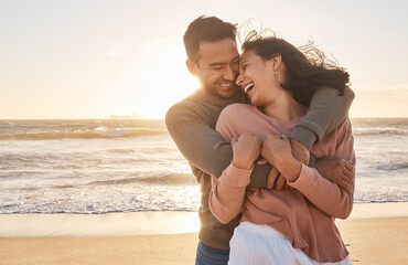 love, sunset and couple with hug at beach for affection, relationship or weekend getaway. travel, hi