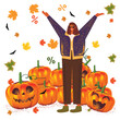 © Uliya - Halloween discounts, promotion. The girl stands with her hands raised and rejoices at the discounts.
