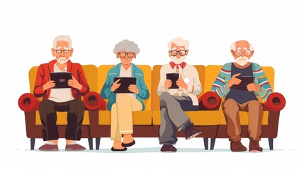 Aufkleber - Four elderly people sit together on a couch, each focused on their tablets, happily engaged in technology. Generative AI