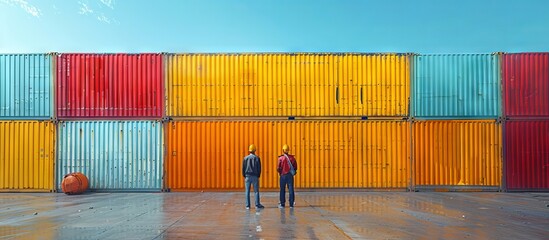 Two Workers in Front of a Wall of Shipping Containers