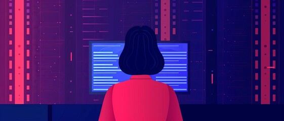 A digital illustration of a woman coding in a modern tech environment, surrounded by colorful server racks and glowing screens.