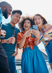 Sticker - Smartphone, friends and portrait of group on vacation, laughing together with meme on weekend trip. Smile, happy and multiracial people browse internet for holiday, adventure or web app in town