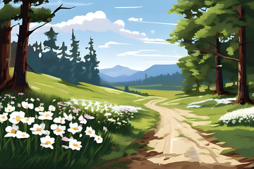 Wall Mural - landscape with flowers and trees