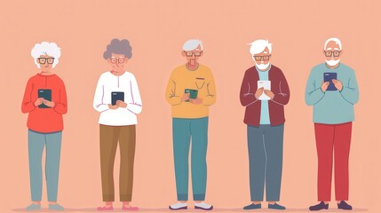 Aufkleber - A group of elderly individuals stands together, focused on their mobile devices, enjoying a leisurely moment in a vibrant, cheerful environment. Generative AI