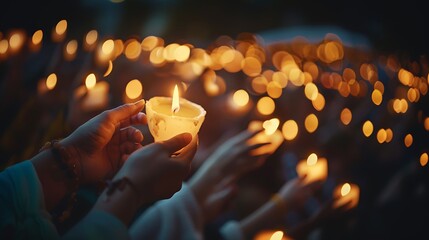 A solidarity event with people holding candles and singing together, promoting peace and harmony.