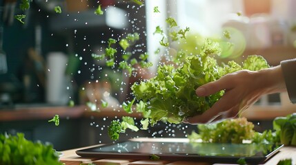 Lush green salad ingredients cascading from a tablet screen, set against a gently blurred kitchen backdrop, with warm, inviting lighting, invoking a sense of health and vitality