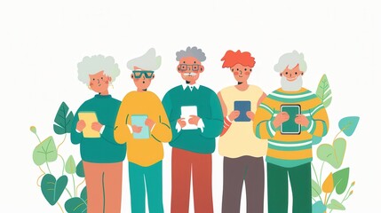 Aufkleber - A group of elderly individuals interact with digital devices, showcasing their engagement in technology with a vibrant backdrop of plants. Generative AI
