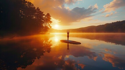 Wall Mural - A sunrise over a calm lake with a person doing yoga on the shore, radiating peace and positivity.