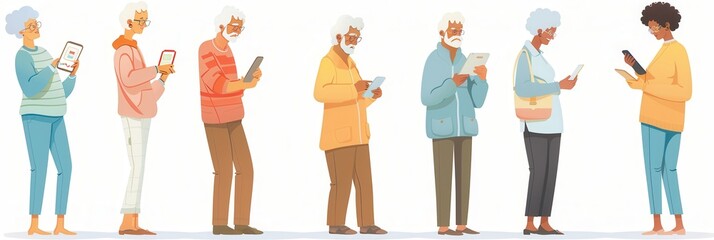 Aufkleber - A diverse group of elderly individuals interacts with various devices, showcasing their engagement with technology in a casual environment. Generative AI