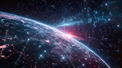 Fototapete - A planet with a network of lines and stars surrounding it. The planet is surrounded by a network of lines and stars, creating a sense of interconnectedness and vastness