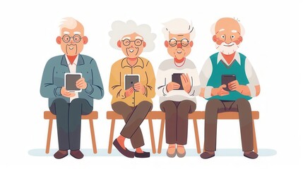 Aufkleber - Four elderly individuals sit together, happily using their smartphones in a warm, inviting space, sharing smiles and moments of connection. Generative AI