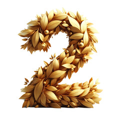 The Number 2, two, made of golden leaves isolated on transparent background, png.