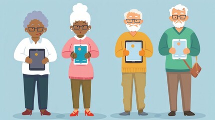 Poster - Four elderly individuals hold tablets, showcasing their engagement with technology in a vibrant and friendly environment. Generative AI