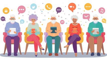 Aufkleber - Five elderly individuals are attentively using tablets while seated in vibrant chairs, surrounded by various social media icons and communication symbols. Generative AI