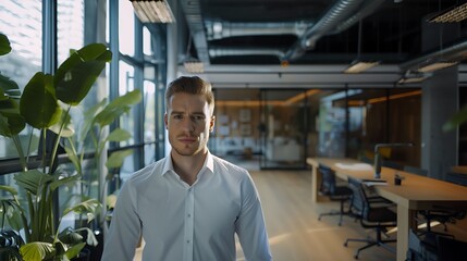 Wall Mural - A white man with a clean-shaven face and a serious look, standing in a modern office.