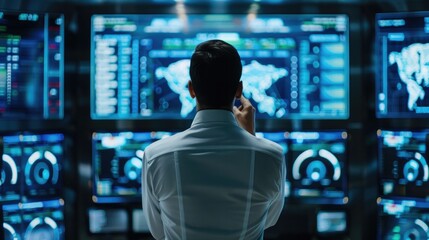 Cybersecurity specialist monitoring a network security dashboard in a control room