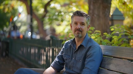 Wall Mural - A white man with a goatee and a casual shirt, sitting on a park bench.