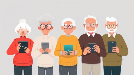 Aufkleber - A group of five elderly individuals holds various devices, showcasing their engagement in technology in a welcoming indoor environment. Generative AI