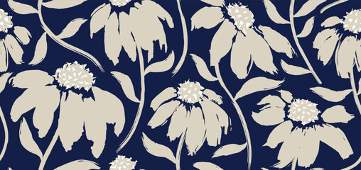 Wall Mural - 	
flower and leaf hand drawn seamless pattern. ink brush texture.	
