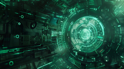 Wall Mural - Futuristic green tech tunnel with glowing circuits.