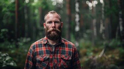 Wall Mural - A white man with a rugged beard and a plaid shirt, standing in a forest clearing.