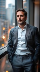 Wall Mural - Confident Professional Businessman Standing by Window Overlooking City Skyline