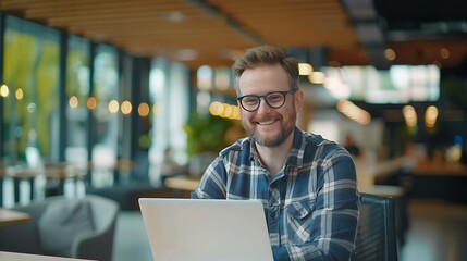 Wall Mural - A white man with glasses, smiling and working on a laptop in a modern office.