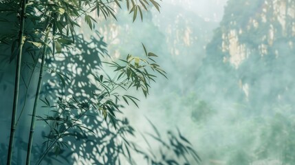 Wall Mural - Bamboo tree shadow against mountain backdrop