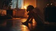 © Eric - A white teenager sitting on the floor of a dimly lit room, hugging their knees and crying.
