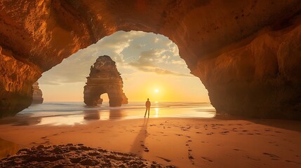 Wall Mural - Sandy beach with a stunning sunset view through the opening of a coastal cave.