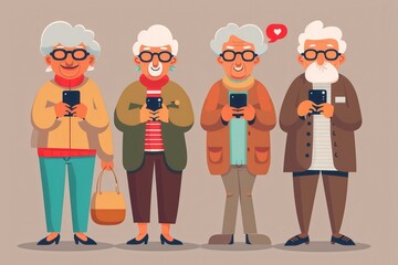 Aufkleber - Four elderly individuals happily use smartphones, sharing moments and engaging with each other in a warm, friendly atmosphere. Generative AI