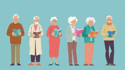 Leinwandbilder - A group of elderly people stands side by side, each reading a book in a serene setting, enjoying their peaceful afternoon. Generative AI