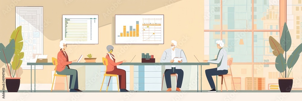 A group of elderly individuals is gathered around a table, actively discussing strategies and sharing ideas in a well-lit office setting. Generative AI