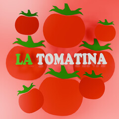 Wall Mural - La Tomatina Festival, Background for Poster or Banner with Tomatoes. Annual Summer Traditional Spanish Holidays, Celebration of Harvest. Cartoon 3d render Illustration.