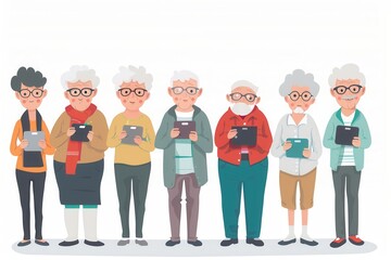 Leinwandbilder - A group of elderly individuals is gathered together, each focused on their tablet devices, showcasing their engagement with technology in a cheerful setting. Generative AI