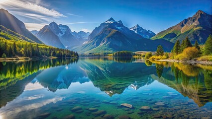 Wall Mural - Serene lagoon surrounded by majestic mountains reflecting in the calm water, lake, mountains, lagoon, nature, serene