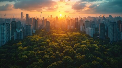 Canvas Print - Urban Sunset with Green Canopy