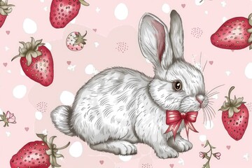 Wall Mural - Cute rabbit pattern with strawberries and bows on pink background.