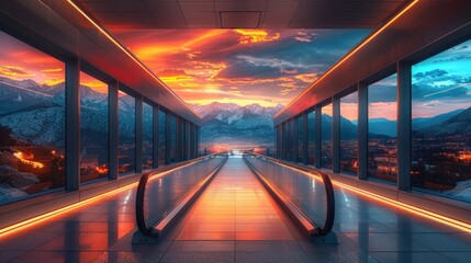 Poster - Moving walkway with mountain view at sunset