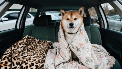 Sticker - A dog sitting in the back of a car wrapped up, AI