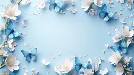 Poster - a blank postcard template embraced by a mesmerizing display of 3D blue butterflies and delicate white flowers