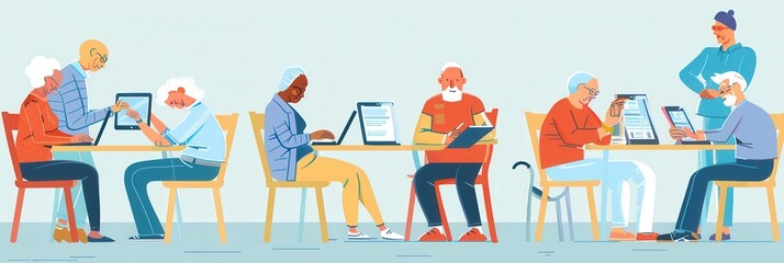 Poster - A group of elderly people participates in a technology class at a community center, learning to use various devices and applications. Generative AI