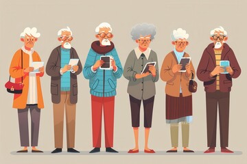 Aufkleber - Six elderly individuals focus on their devices, showcasing a blend of tradition and modern technology in a communal space. Generative AI