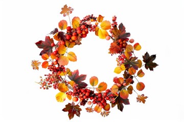 Wall Mural - wreath of fall leaves and berries on white background