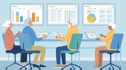 Poster - Elderly individuals participate in a technology class, using tablets to learn about digital tools and data at a community center. Generative AI