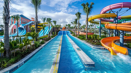 Wall Mural - Photo of a water park with slides and pools fun and exciting recreational area vibrant and dynamic attractions variety of water slides and pools lively and engaging environment summer adventure